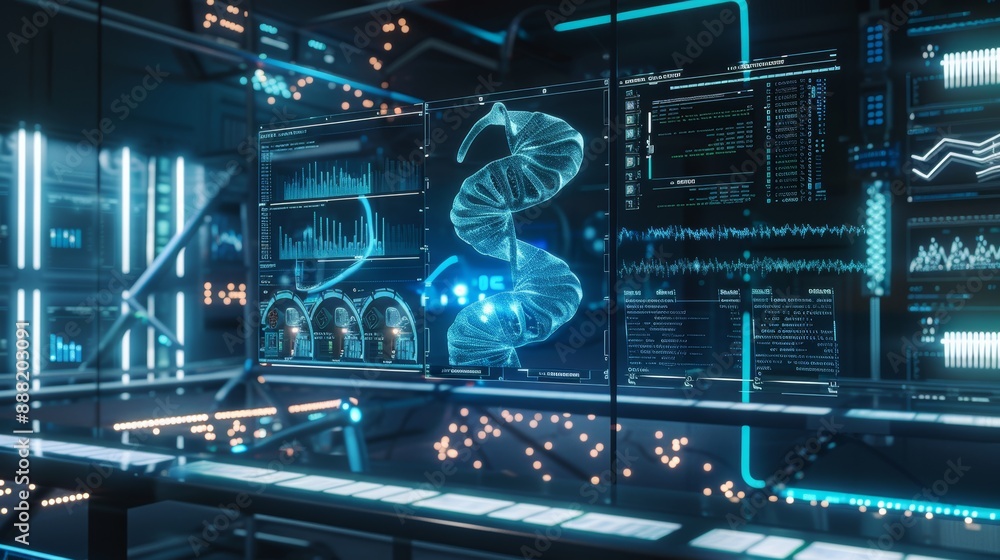 Poster futuristic lab with dna data storage technology and holographic data interface