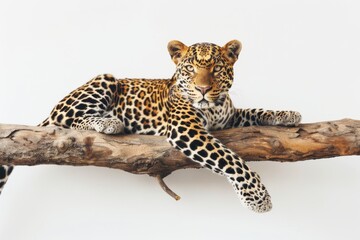 Leopard lying on a branch, looking directly at the camera, isolated on a white background, minimalistic composition