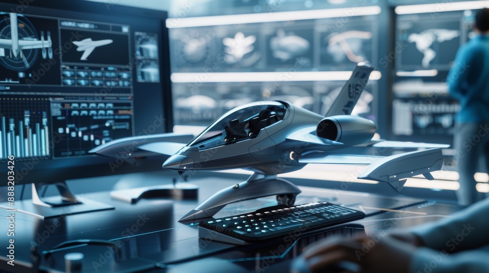 Poster aerospace engineers developing futuristic aircraft design on computer screens in high-tech office en