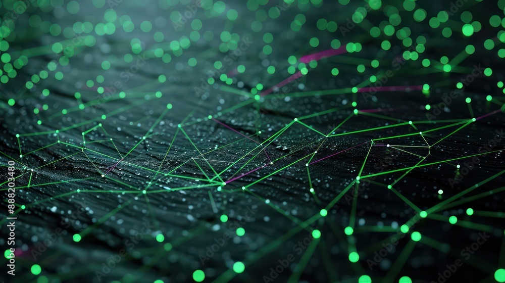 Poster deep green dots linked by magenta lines on a dark slate canvas, text focus area in the upper center