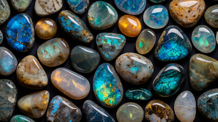 collection natural stones - many tumbled ornamental gem stones