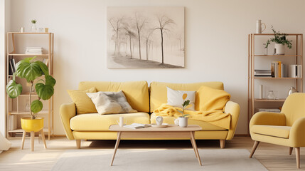 Mockup produkt - obraz na ścianie w salonie. Wizualizacja jasnego wnętrza. Biel i żółty. Render 3d	