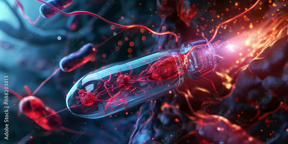 Poster a close-up view of a single nanorobot navigating through human tissue, showcasing its intricate desi