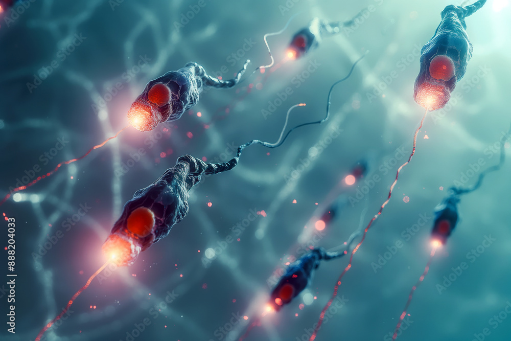 Poster an illustration of nanorobots enhancing human abilities, depicting tiny robots interfacing with neur
