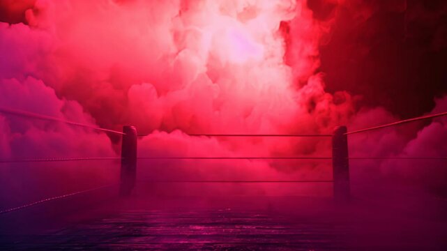 Professional boxing ring with spotlights and smokey background, martial arts sport