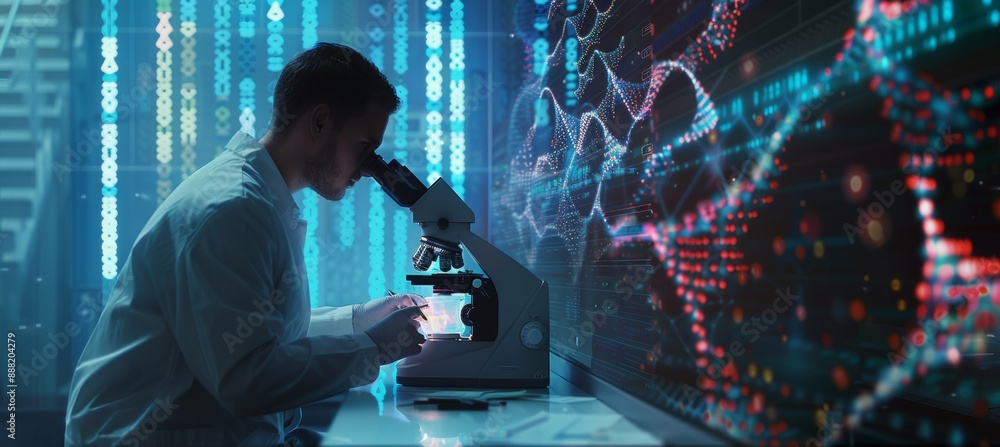 Poster scientist analyzing dna mutations with high-powered microscope and digital genetic data display