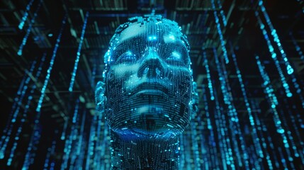 AI head made from glowing blue binary code, computer code and data. machine learning, artificial intelligence concept