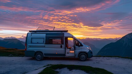 A van was parked on the side of an outdoor mountain trail, overlooking beautiful scenery at sunset.