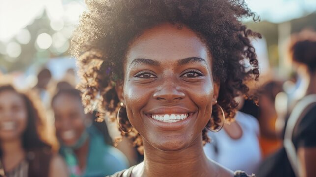 Portrait of a young smiling African American woman activist at a rally in support of a candidate on a bright sunny day, election rally