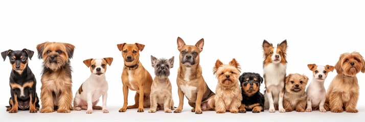 Group of dogs of different breeds standing in a line