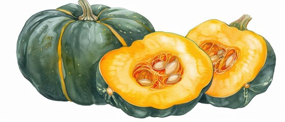An acorn squash with rich watercolor details isolate on white background