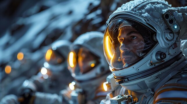 A close-up image of a multinational team of astronauts in spacesuits, preparing for a spacewalk on the lunar surface.