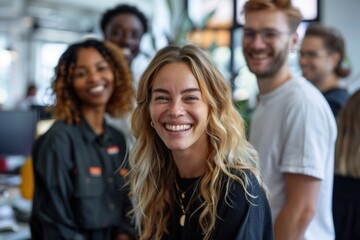 A group of coworkers in a modern office, all smiling as they collaborate on a project. Their diverse backgrounds and professional attire create a dynamic and inclusive environment. The bright and