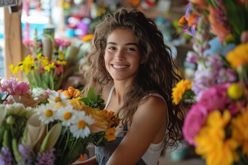 A cheerful woman in a flower shop, smiling as she arranges a bouquet. Her apron and the colorful flowers around her reflect her passion for floristry. The bright and vibrant shop environment enhances