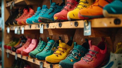Vibrant Array of Colorful Climbing Shoes Displayed on Wooden Shelves for Outdoor Enthusiasts
