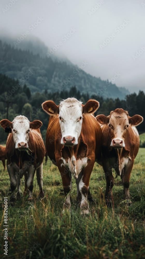 Poster Three cows standing in a field with a cloudy sky in the background
