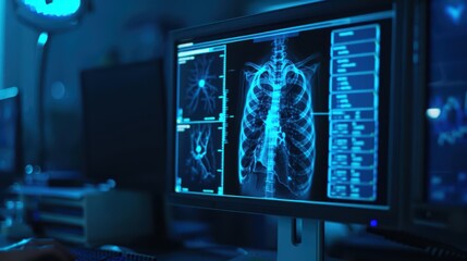 Fototapeta premium Diagnosis is shown in an ultramodern, supernatural scene, with copy space, where advanced diagnostic tools are employed to accurately identify various medical conditions