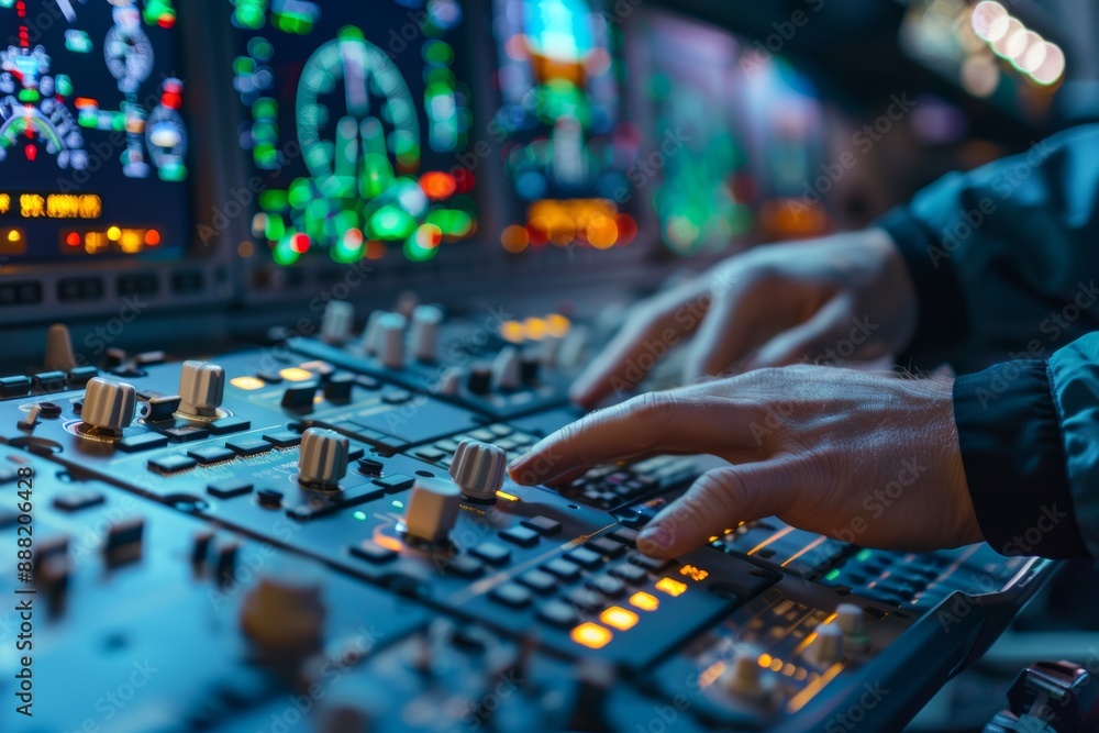 Poster technician diagnosing aircraft onboard computer with advanced software - high-tech aviation maintena