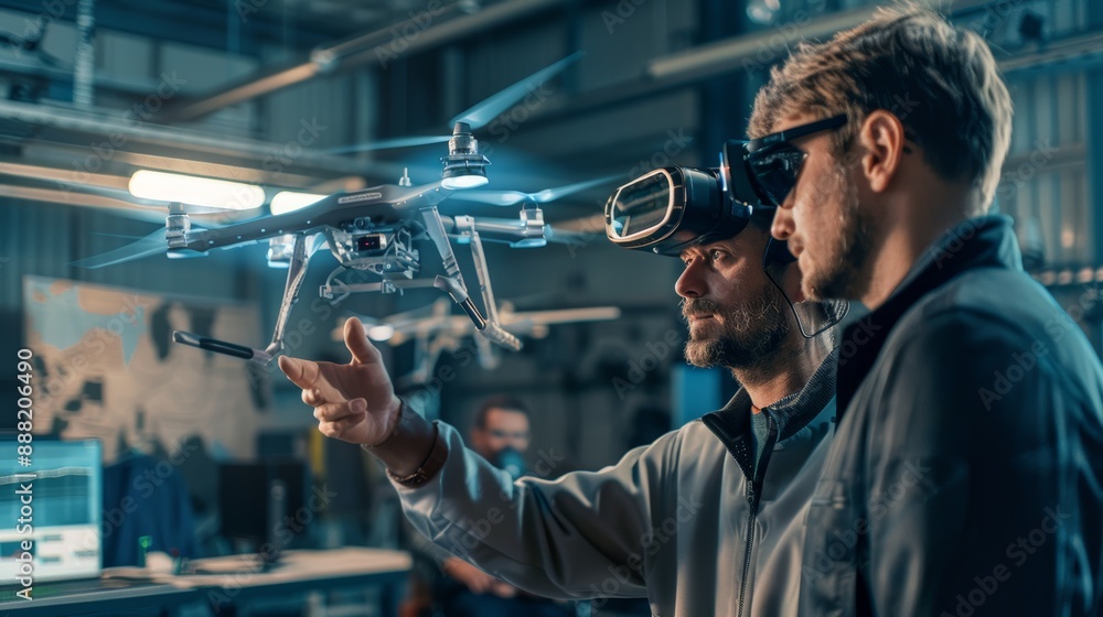 Poster engineers collaborating on cutting-edge autonomous aircraft development in modern lab environment