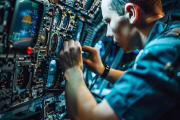 Mechanic Inspecting and Repairing Avionics Systems on a Commercial Jet - Aviation Maintenance Concept