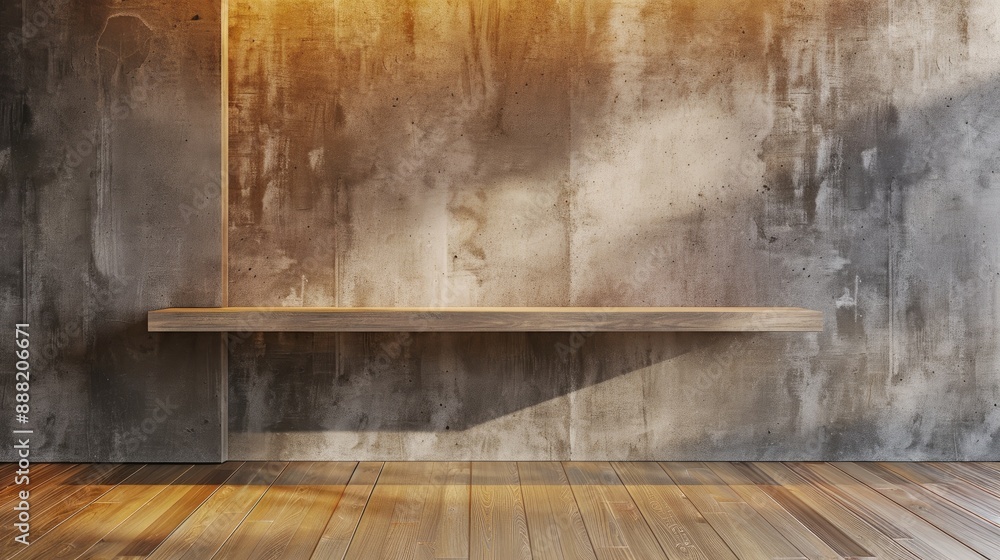 Poster wall mounted shelf in a showroom with wooden floor background for product display and text placement