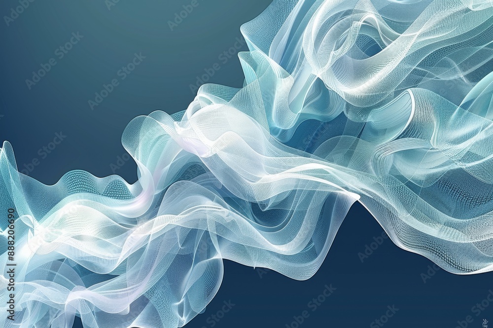 Poster abstract art with dynamic flowing waves in blue hues on a dark background, symbolizing fluidity.