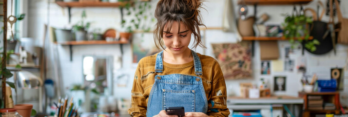 Fototapeta premium Creative Young Woman Wearing Overalls Checking Phone in Artistic Studio