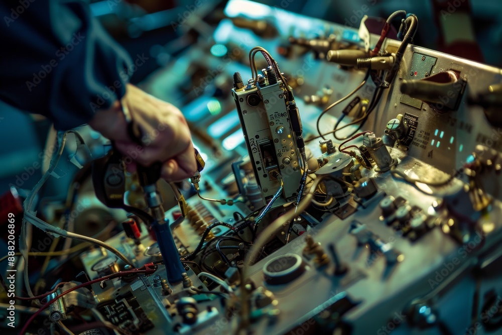Poster close-up of detailed process of repairing and calibrating an aircraft's navigation systems