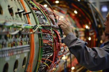 Naklejka premium Intricate Aircraft Wiring and Cabling Installation Inside Fuselage - Aviation Engineering