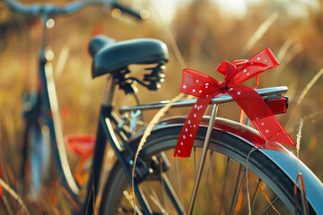 Bicycle with Red Bow in Sunny Meadow   Symbol of Leisure and Celebration