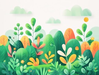 Obraz premium Vibrant, colorful illustration of a lush garden with various plants and leaves under a clear sky with fluffy clouds.