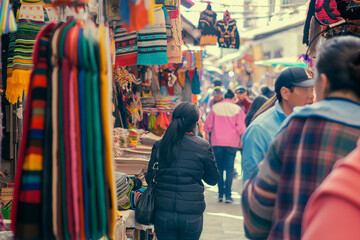 Fototapeta premium Vibrant Market Street with Colorful Textiles and Busy Shoppers on a Sunny Day
