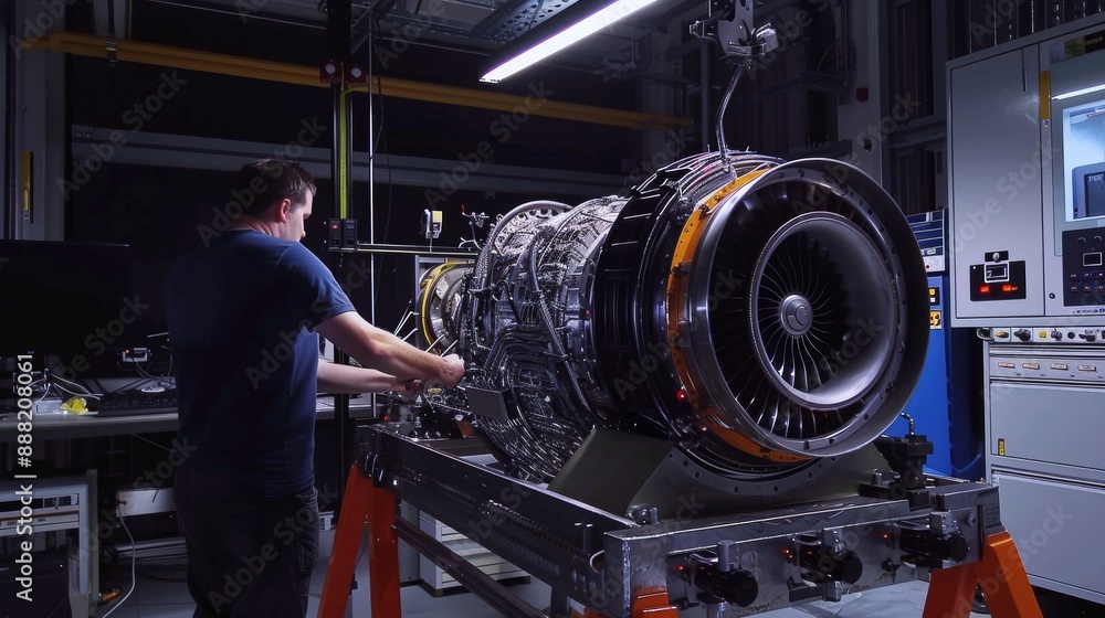 Aufkleber engineers testing performance of newly assembled jet engine in state-of-the-art test cell