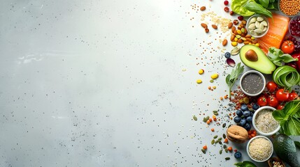 Realistic shot of a variety of fresh fruits, vegetables and grains on the right side with some legumes scattered around them against a light grey background.