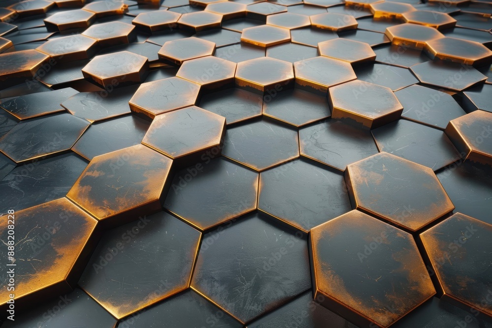Poster shimmering texture with hexagon motif: metallic surface featuring abstract hexagonal grid design in 