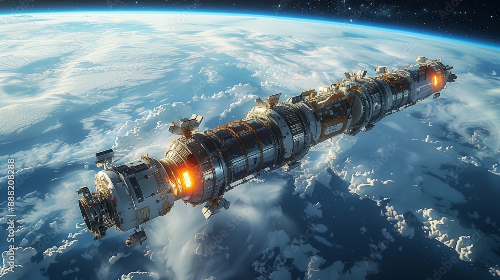 Poster a cylindrical 3d printing facility in space, surrounded by clouds and distant planets, is able to cr