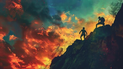 Fototapeta premium Sunset Climbing Adventure Silhouetted Against a Vibrant, Serene Sky for Inspirational Designs