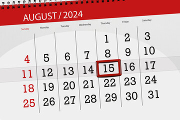 Calendar 2024, deadline, day, month, page, organizer, date, August, thursday, number 15