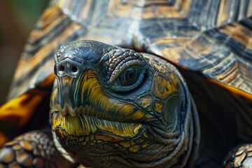 Obraz premium Close-up of a turtle's head and shell detailed reptile portrait turtle concept of nature wildlife