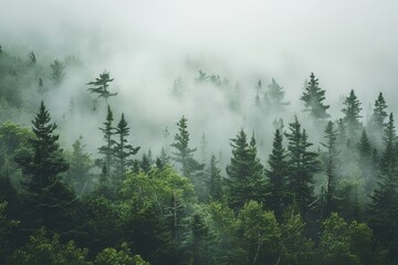 Fototapeta premium Lush green forest covered in dense fog misty woodland nature landscape concept