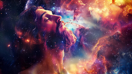 Jesus in Cosmic Abstract Art Surrounded by Stars Galaxies and Ethereal Light Divine Spiritual Celestial Universe Radiant Glowing Mystical Heavenly Aura Illumination
