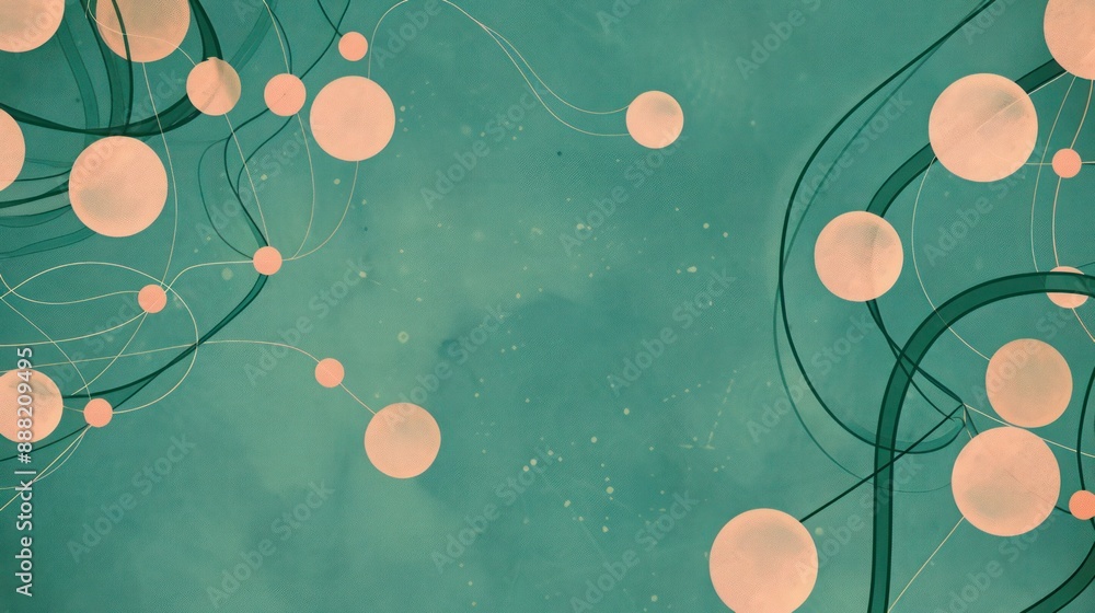 Poster dots of light coral linked by dark green lines on a muted teal canvas, text focus in the upper cente