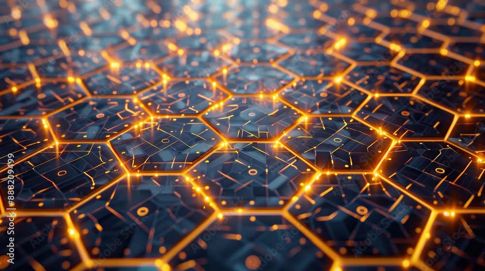 Aufkleber Futuristic glowing hexagonal network with interconnected orange lines depicting advanced technology and data flow on a dark background.