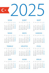 Calendar 2025 - illustration. Turkish version. Week starts on Sunday