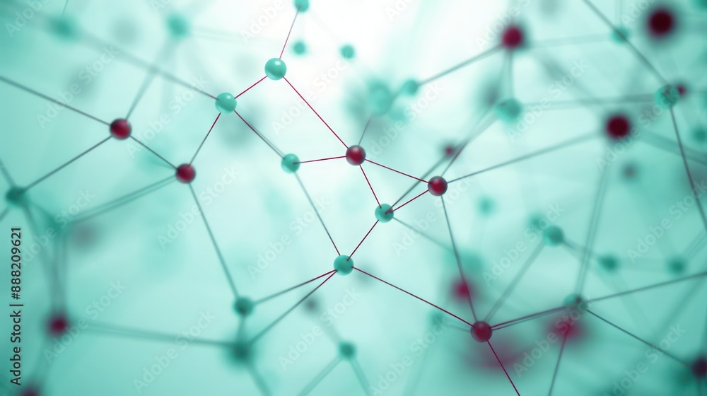 Poster dots of pale mint connected by dark red lines on a soft blue canvas, text focus in the upper center