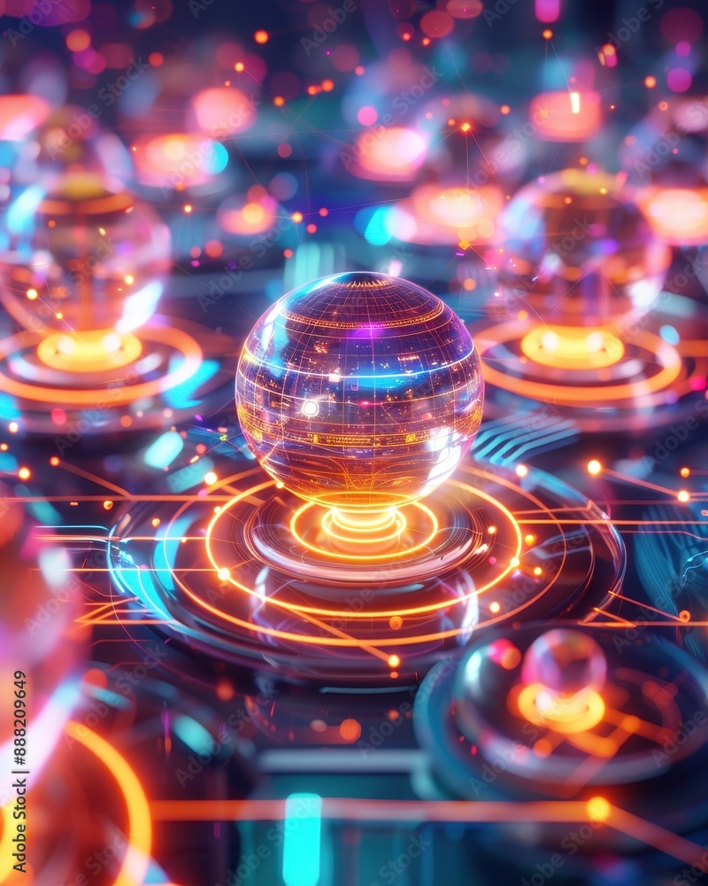 Poster futuristic digital spheres with glowing circuits and neon lights, showcasing advanced technology and