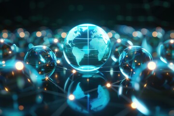 Fototapeta premium Futuristic digital representation of Earth with interconnected glowing spheres, symbolizing global network and digital technology advances.