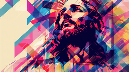 Abstract Image of Jesus with Vibrant Geometric Shapes and Patterns, Colorful Spiritual Art Design with Cosmic and Divine Energy