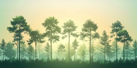 Majestic misty forest with tall evergreen trees illuminated by golden sun rays breaking through dense fog, creating ethereal and serene atmosphere.