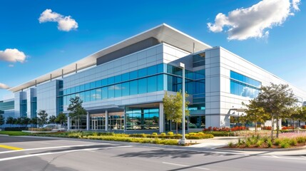Expansive modern hospital exterior with sleek glass facade, lush landscaping, contemporary architecture under clear blue sky, suitable for healthcare services or medical events.